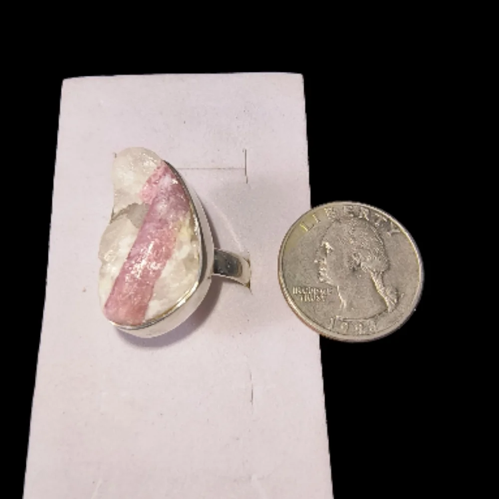Sterling Silver Pink Tourmaline In Quartz Rough Crystal Ring